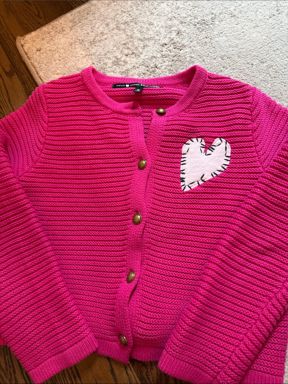 Aqua Hot Pink Ribbed Cardigan with Heart Patch